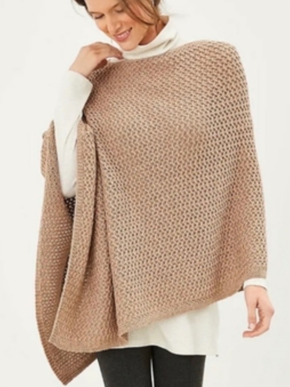 J. Jill Asymmetrical Loose Wool Blend Knit Poncho Sweater Mocha Brown One Size
